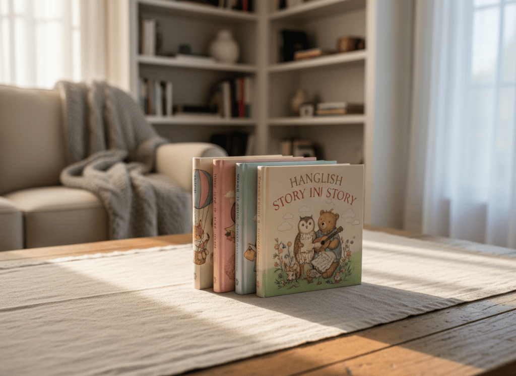 A small stack of beautifully illustrated children’s English books arranged in a gentle fan on a linen-covered wooden coffee table in a cozy living room. Each cover shows whimsical, non-human characters and soft pastel colors, with slightly worn page edges suggesting they are well-loved. Behind them, a blurred background reveals built-in bookshelves, a plush armchair, and a knitted throw draped over the side. Late afternoon light filters through sheer curtains, casting warm, diffused highlights on the book covers and subtle shadows across the table. Photographic realism, shot at eye level with a shallow depth of field, creating a calm, sophisticated, and inviting atmosphere suited for a refined family lifestyle blog.